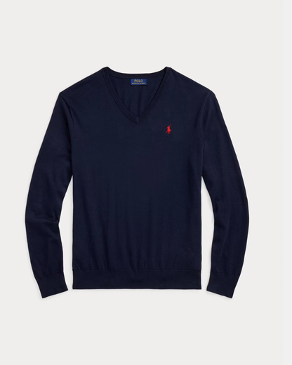 Suéter de algodón cuello en V azul marino