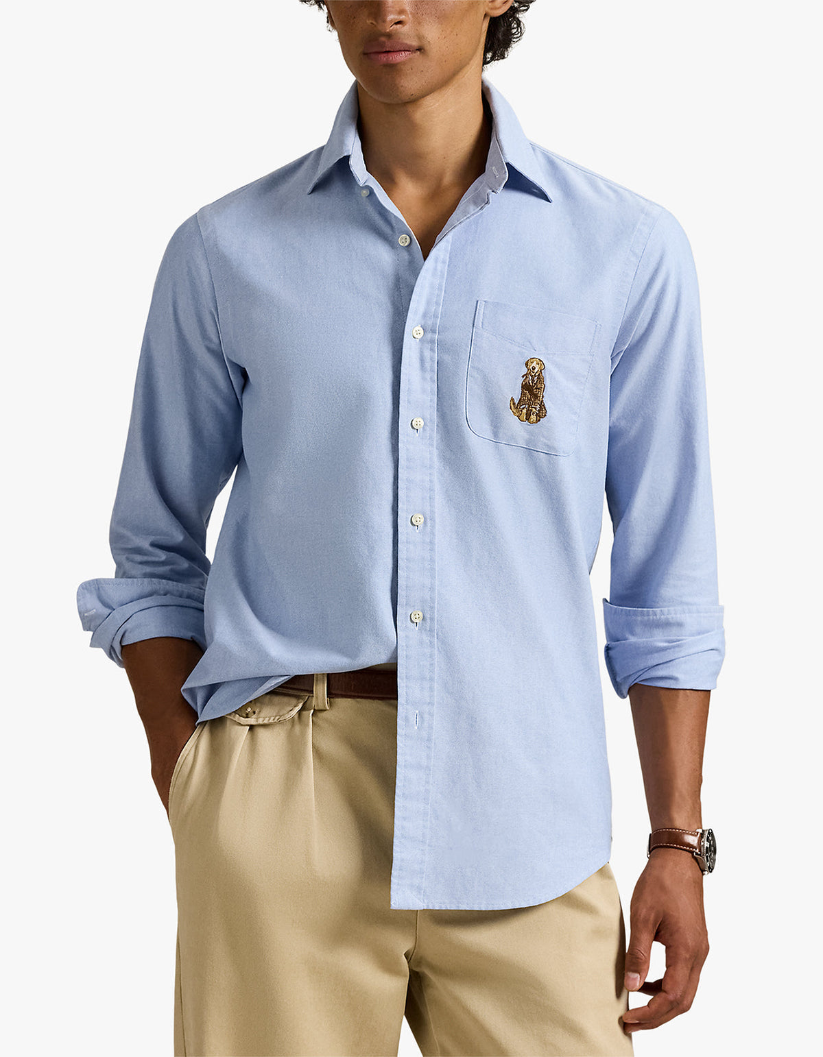 Camisa Oxford con bordado de perro azul