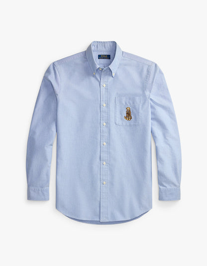 Camisa Oxford con bordado de perro azul