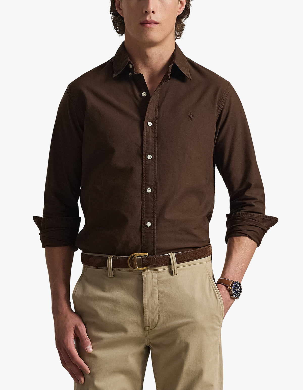 Camisa Oxford teñida café nuez