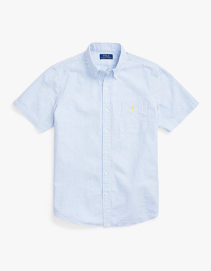 Camisa de seersucker a rayas azul y blanco