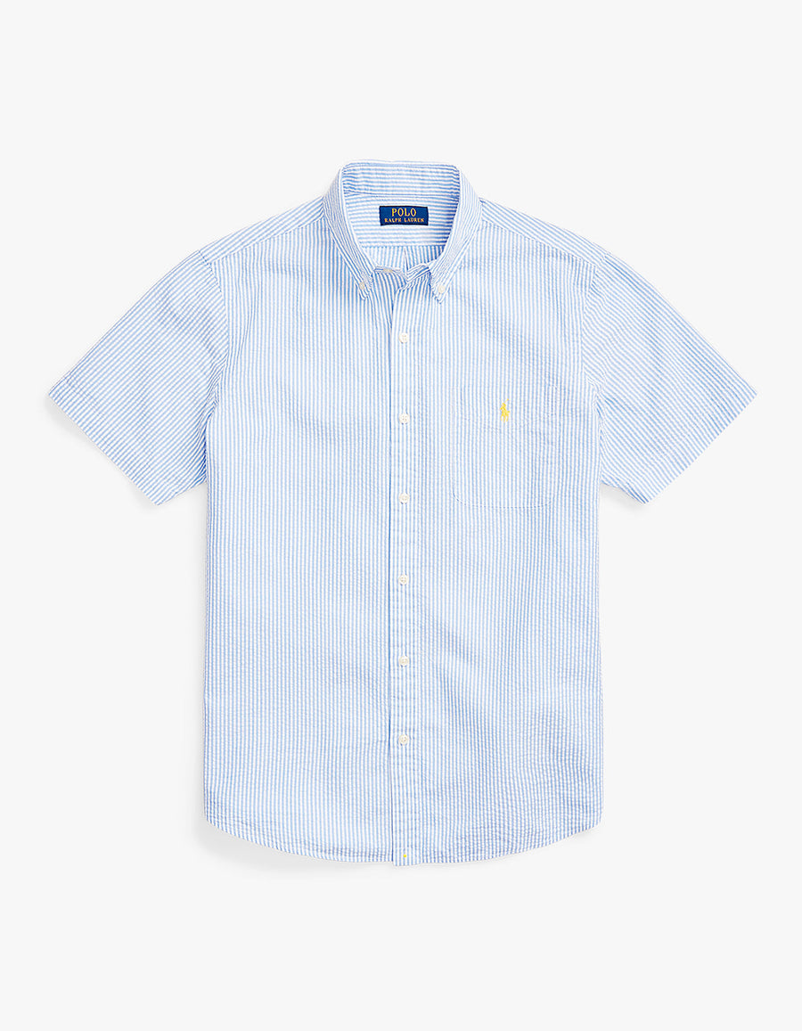 Camisa de seersucker a rayas azul y blanco