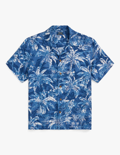Camisa de lino estampado tropical azul