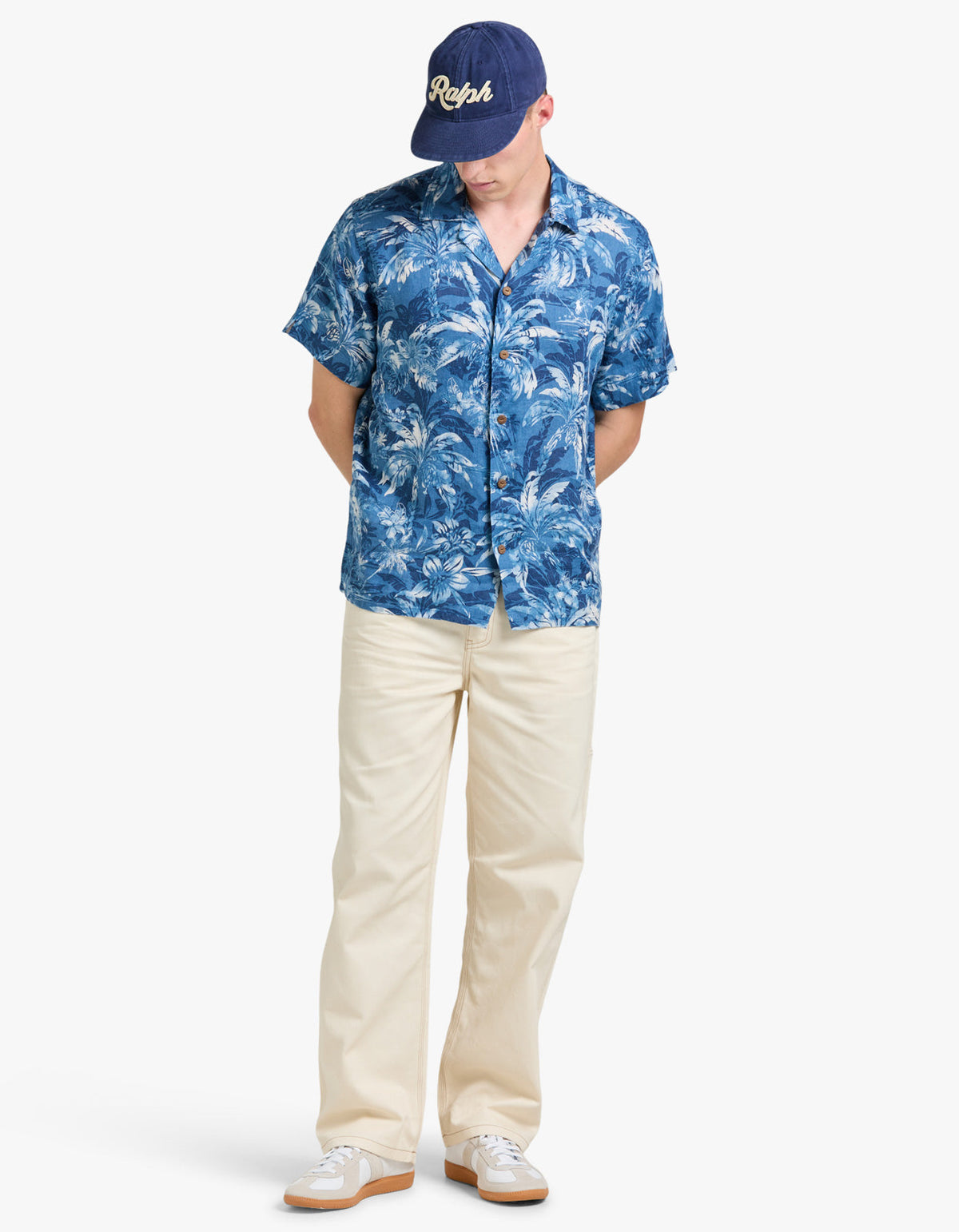 Camisa de lino estampado tropical azul