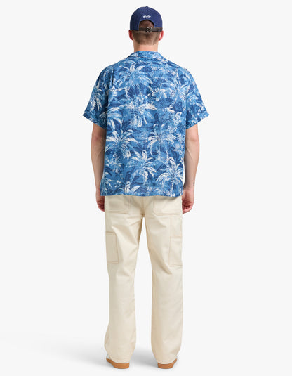 Camisa de lino estampado tropical azul