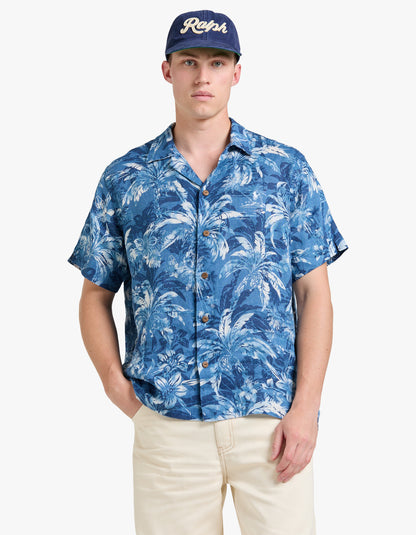 Camisa de lino estampado tropical azul