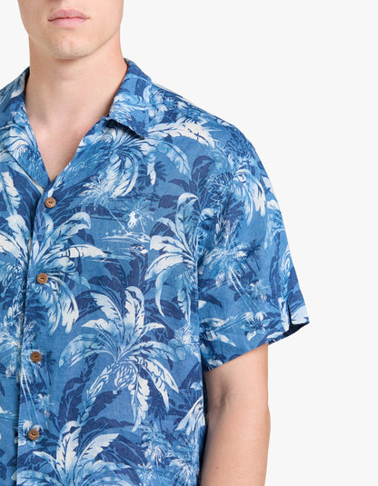 Camisa de lino estampado tropical azul