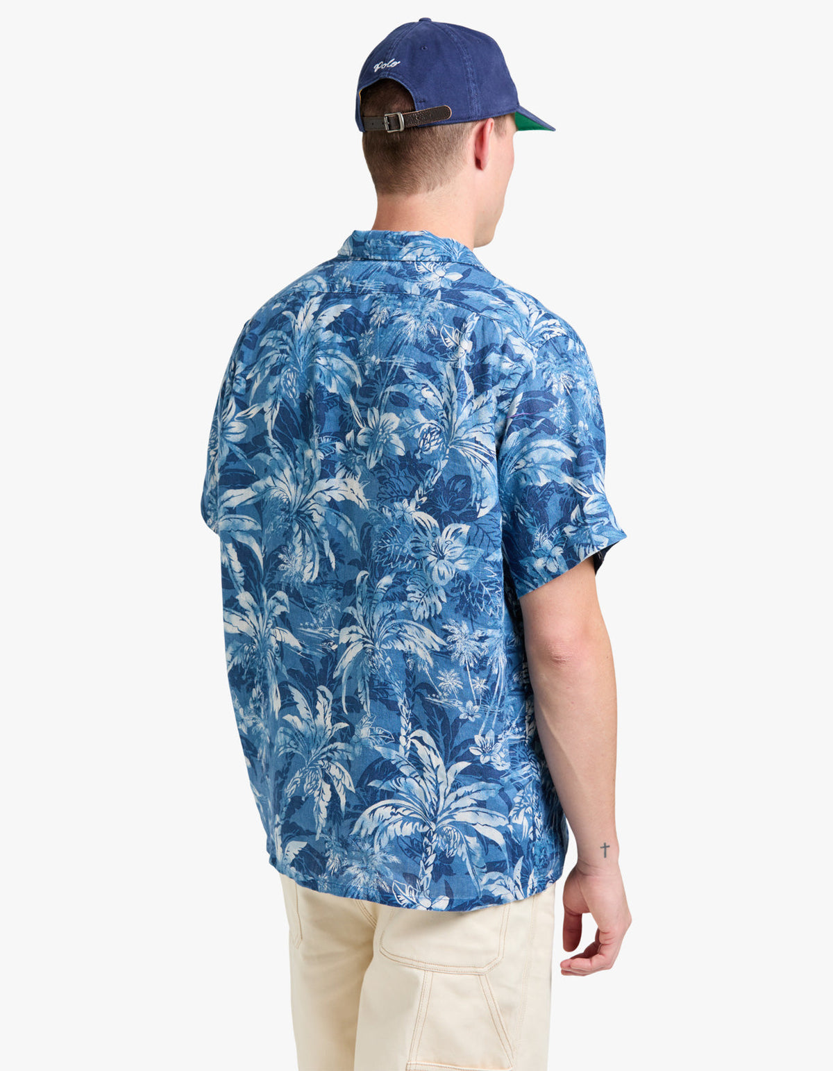 Camisa de lino estampado tropical azul