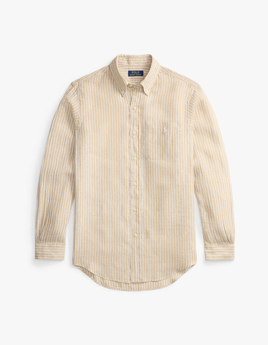Camisa de lino a rayas beige y blanco