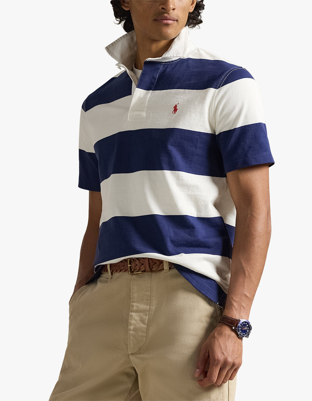 Polera rugby manga corta azul cobalto y blanco