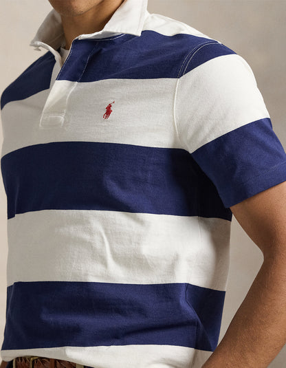 Polera rugby manga corta azul cobalto y blanco